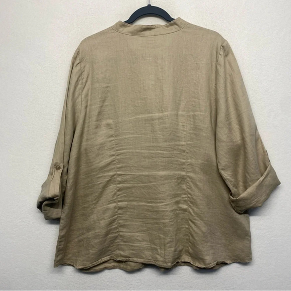 Ecologie Woman Button Down Shirt 2X Tan 100% Linen Embroidered Long Sleeve Top - Picture 3 of 10